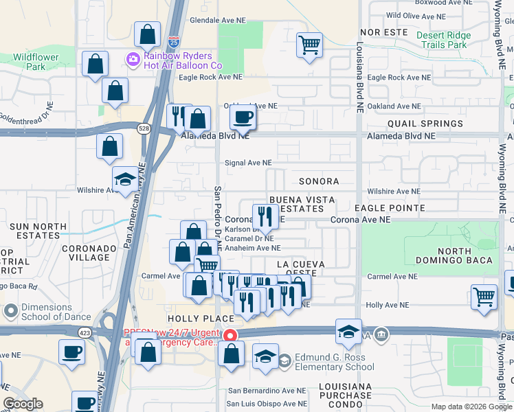 map of restaurants, bars, coffee shops, grocery stores, and more near 8516 Rancho Del Oro Place Northeast in Albuquerque