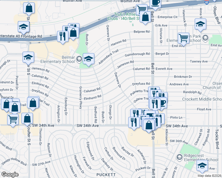 map of restaurants, bars, coffee shops, grocery stores, and more near 6209 Calumet Road in Amarillo
