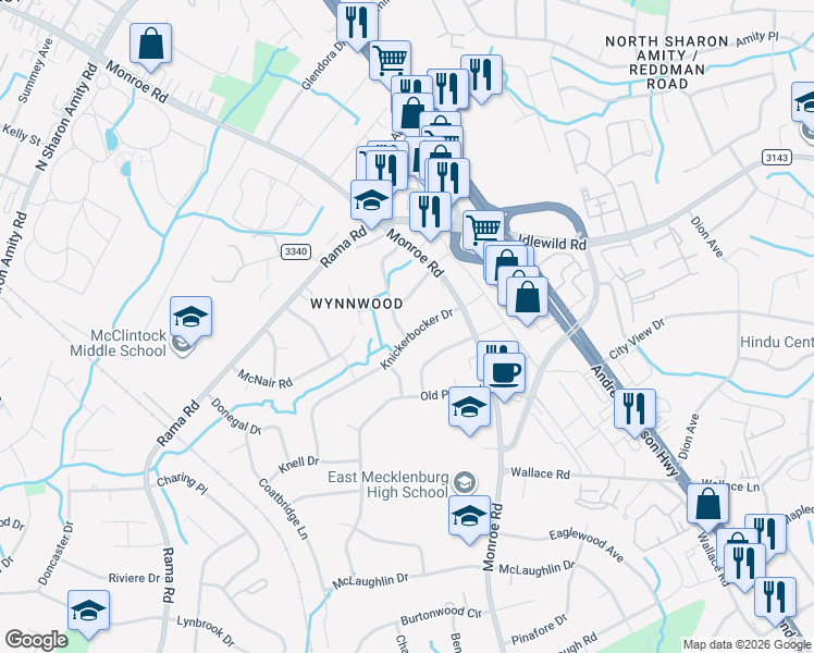 map of restaurants, bars, coffee shops, grocery stores, and more near 2411 Knickerbocker Drive in Charlotte
