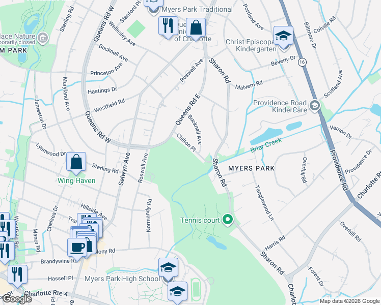 map of restaurants, bars, coffee shops, grocery stores, and more near 2636 Chilton Place in Charlotte