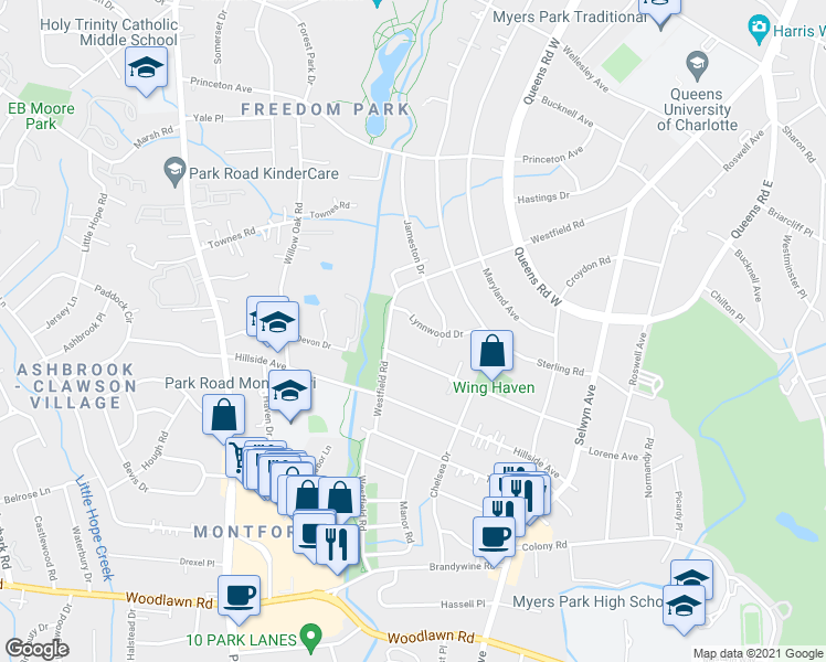 map of restaurants, bars, coffee shops, grocery stores, and more near 1944 Lynnwood Drive in Charlotte