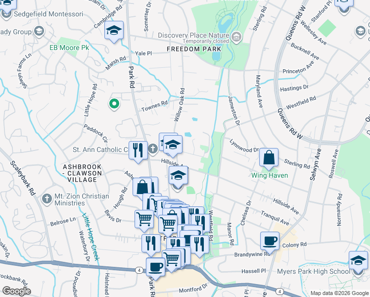 map of restaurants, bars, coffee shops, grocery stores, and more near in Charlotte