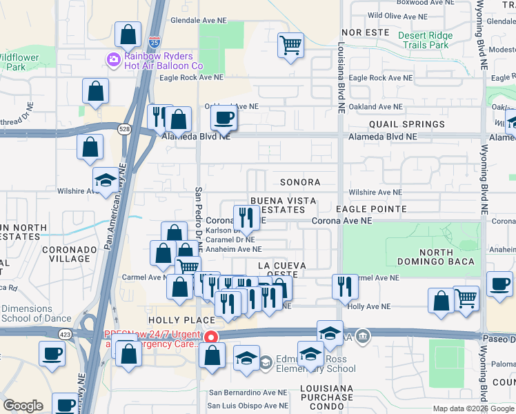 map of restaurants, bars, coffee shops, grocery stores, and more near 8509 Rancho Diego Place Northeast in Albuquerque