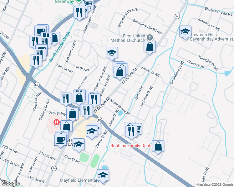 map of restaurants, bars, coffee shops, grocery stores, and more near 2850 North Ocoee Street in Cleveland