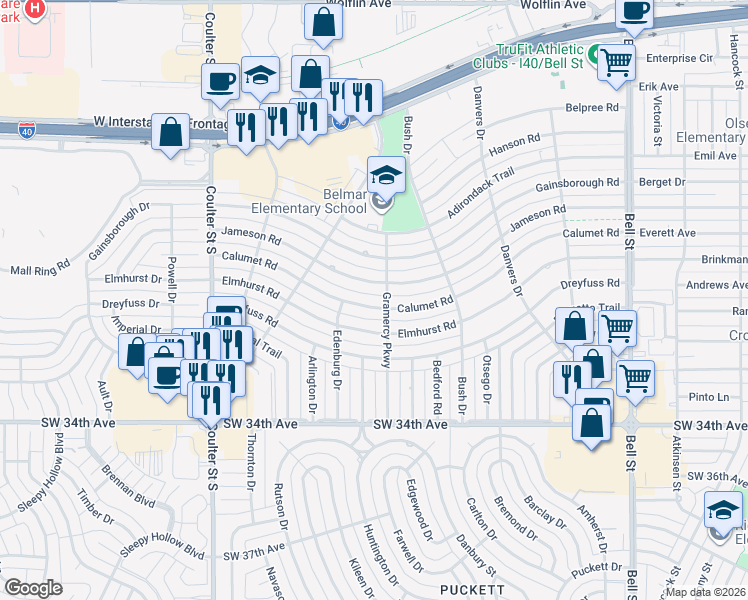 map of restaurants, bars, coffee shops, grocery stores, and more near 2800-2898 Gramercy Parkway in Amarillo