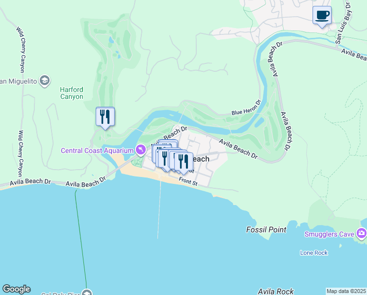 map of restaurants, bars, coffee shops, grocery stores, and more near 350 2nd Street in Avila Beach
