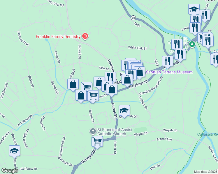 map of restaurants, bars, coffee shops, grocery stores, and more near 301-325 W Main St in Franklin