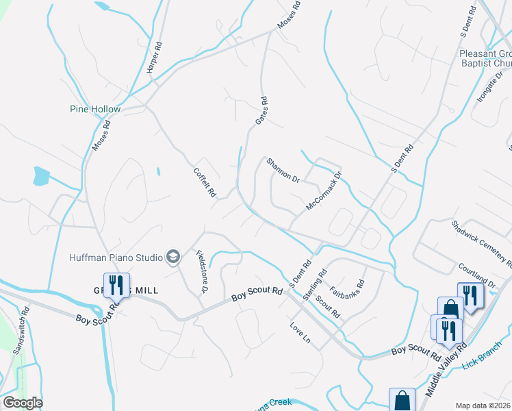 map of restaurants, bars, coffee shops, grocery stores, and more near 402 Shannon Drive in Middle Valley