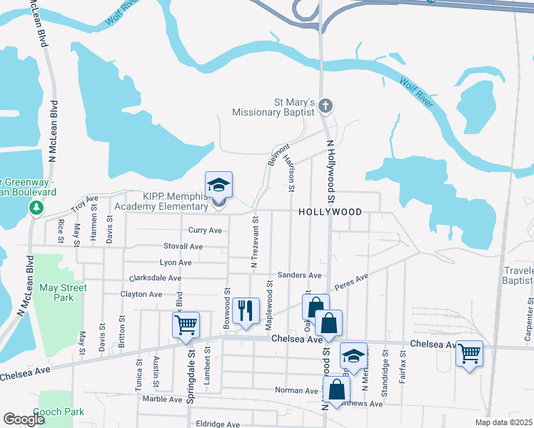 map of restaurants, bars, coffee shops, grocery stores, and more near 1635 Maplewood Street in Memphis