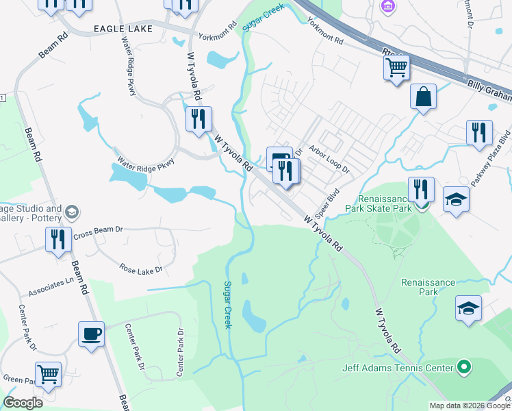 map of restaurants, bars, coffee shops, grocery stores, and more near 2320 Apex Landing Way in Charlotte