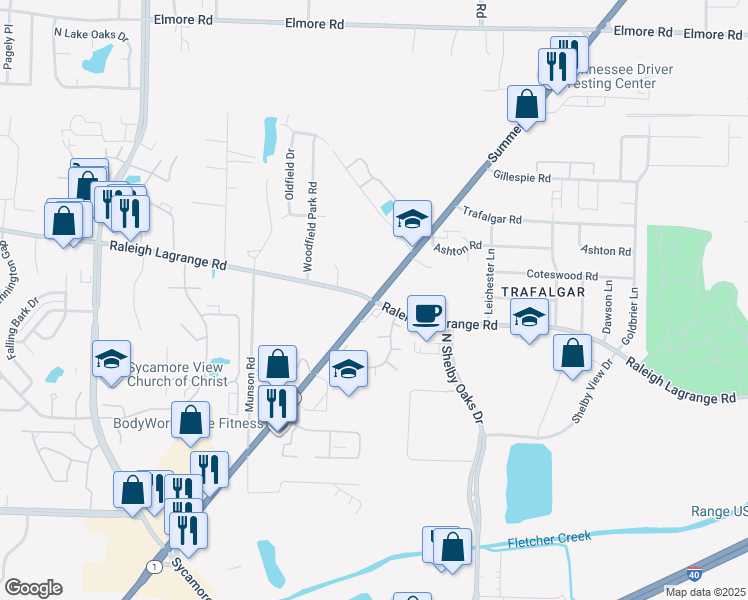 map of restaurants, bars, coffee shops, grocery stores, and more near Summer Ave & Raleigh Lagrange Rd in Memphis