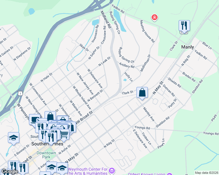 map of restaurants, bars, coffee shops, grocery stores, and more near 845 North Bennett Street in Southern Pines