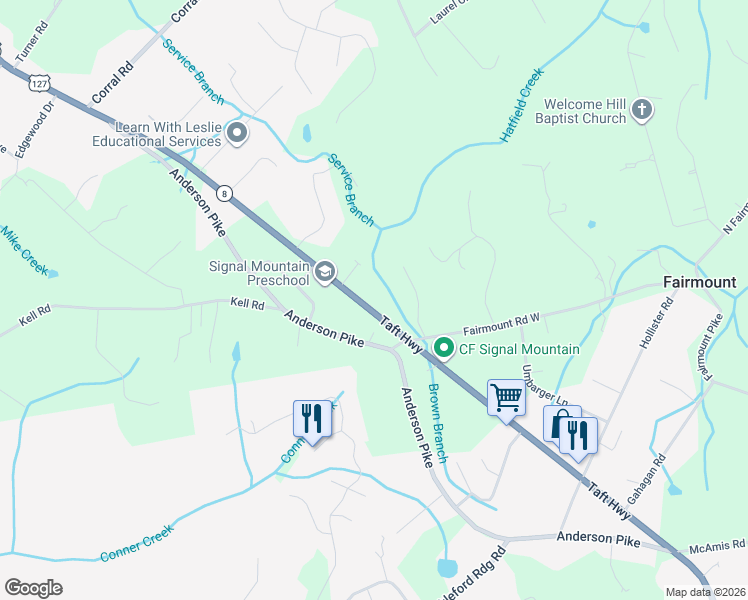 map of restaurants, bars, coffee shops, grocery stores, and more near 4300 Taft Highway in Signal Mountain