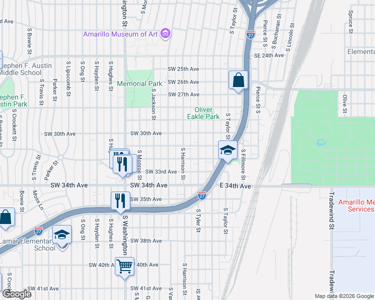 map of restaurants, bars, coffee shops, grocery stores, and more near in Amarillo