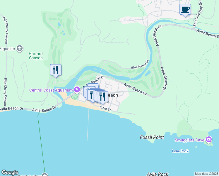 map of restaurants, bars, coffee shops, grocery stores, and more near 270 2nd Street in Avila Beach