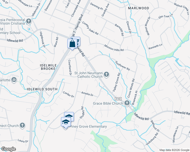 map of restaurants, bars, coffee shops, grocery stores, and more near 8401 Idlewild Road in Charlotte