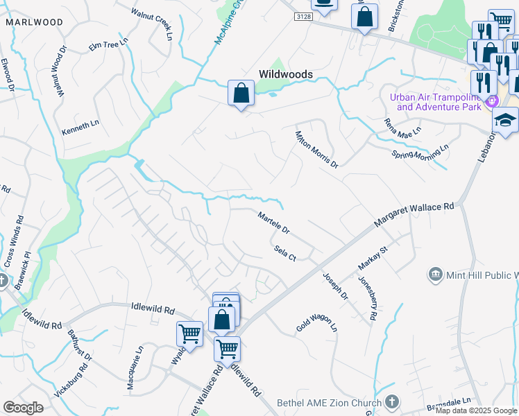 map of restaurants, bars, coffee shops, grocery stores, and more near 3934 Martele Drive in Mint Hill