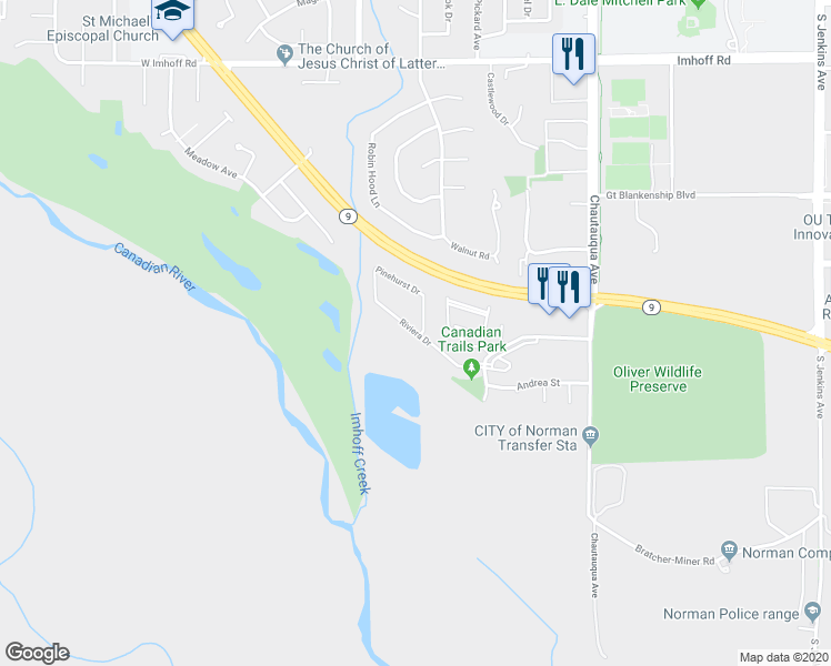 map of restaurants, bars, coffee shops, grocery stores, and more near Riviera Drive in Norman