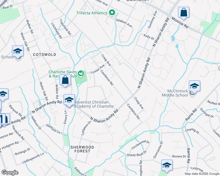 map of restaurants, bars, coffee shops, grocery stores, and more near 4305 Wordsworth Lane in Charlotte