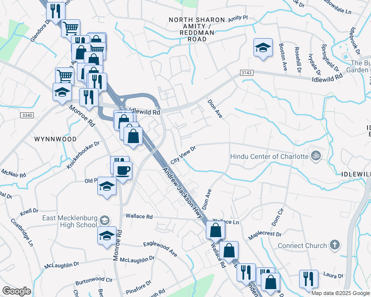map of restaurants, bars, coffee shops, grocery stores, and more near 6801 City View Drive in Charlotte