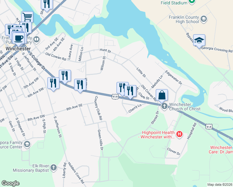 map of restaurants, bars, coffee shops, grocery stores, and more near 913 South College Street in Winchester