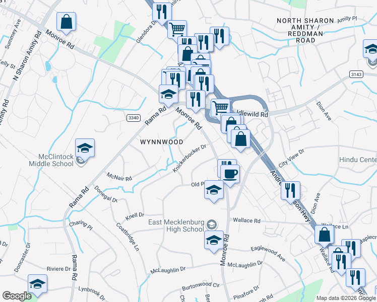 map of restaurants, bars, coffee shops, grocery stores, and more near 2411 Knickerbocker Drive in Charlotte