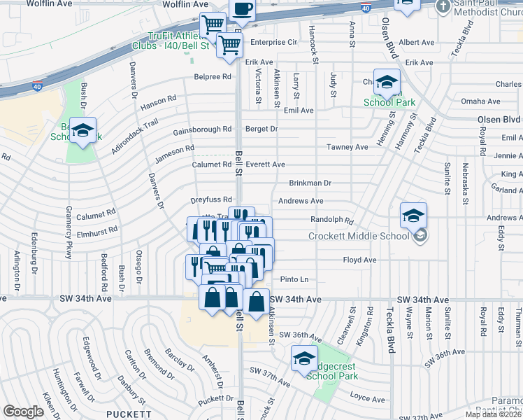 map of restaurants, bars, coffee shops, grocery stores, and more near 5908 Amberwood Lane in Amarillo