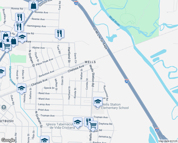 map of restaurants, bars, coffee shops, grocery stores, and more near 1790 Combs Street in Memphis