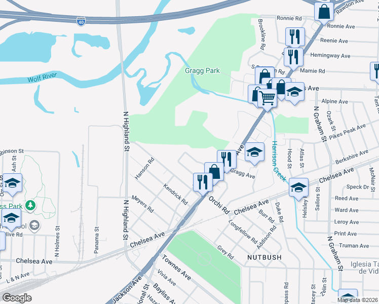 map of restaurants, bars, coffee shops, grocery stores, and more near 3612 North Lloyd Circle in Memphis