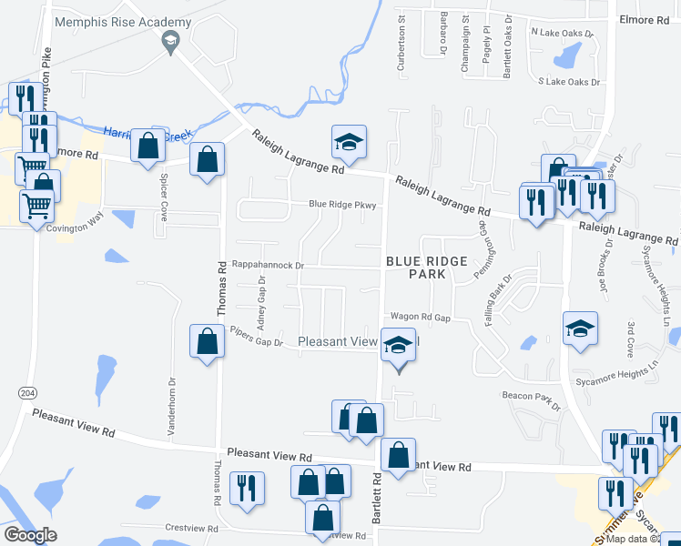map of restaurants, bars, coffee shops, grocery stores, and more near 5439 Rappahannock Drive in Memphis