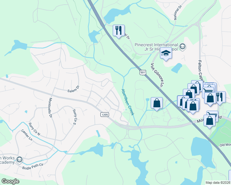 map of restaurants, bars, coffee shops, grocery stores, and more near 145 Winged Foot Road in Pinehurst