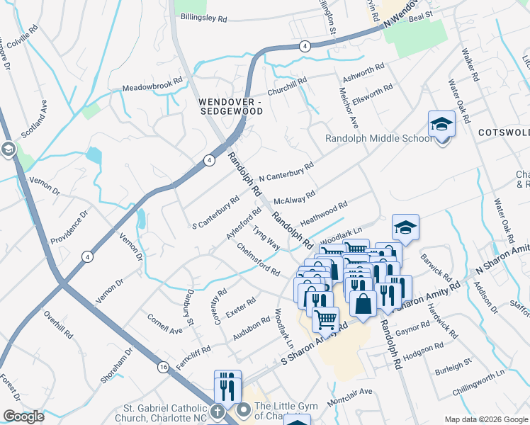 map of restaurants, bars, coffee shops, grocery stores, and more near 1101 Aylesford Road in Charlotte