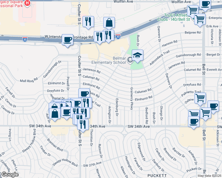 map of restaurants, bars, coffee shops, grocery stores, and more near 6909 Calumet Road in Amarillo
