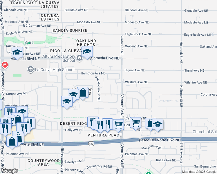 map of restaurants, bars, coffee shops, grocery stores, and more near 8520 Villa Firenze Lane in Albuquerque