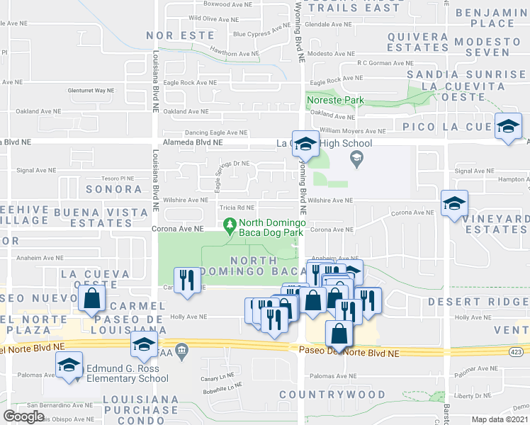 map of restaurants, bars, coffee shops, grocery stores, and more near 7428 Tricia Road Northeast in Albuquerque