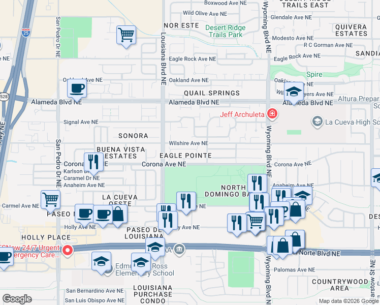 map of restaurants, bars, coffee shops, grocery stores, and more near 7124 Red Hawk Road Northeast in Albuquerque