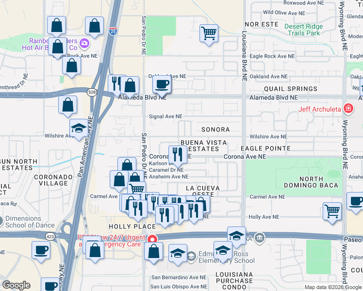 map of restaurants, bars, coffee shops, grocery stores, and more near 8508 Rancho Del Rio Drive Northeast in Albuquerque