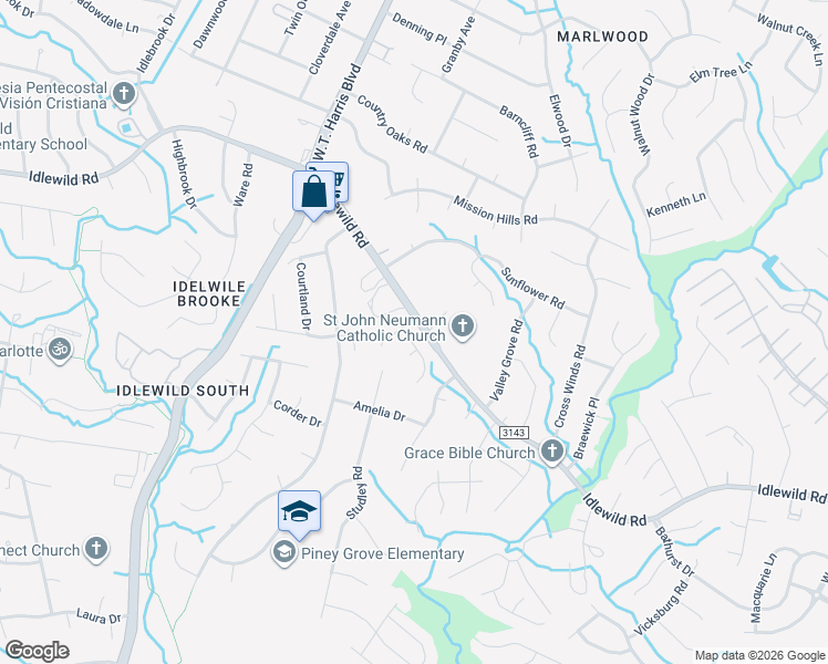 map of restaurants, bars, coffee shops, grocery stores, and more near 8401 Idlewild Road in Charlotte
