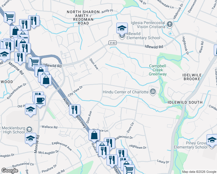 map of restaurants, bars, coffee shops, grocery stores, and more near in Charlotte