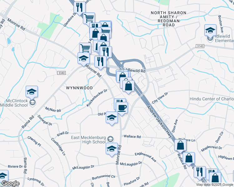 map of restaurants, bars, coffee shops, grocery stores, and more near 6425 State Road 1009 in Charlotte
