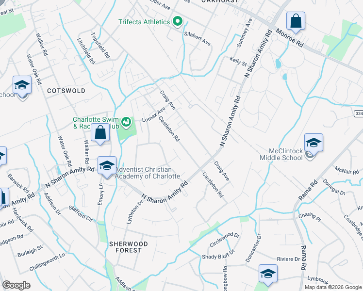 map of restaurants, bars, coffee shops, grocery stores, and more near 4305 Wordsworth Lane in Charlotte