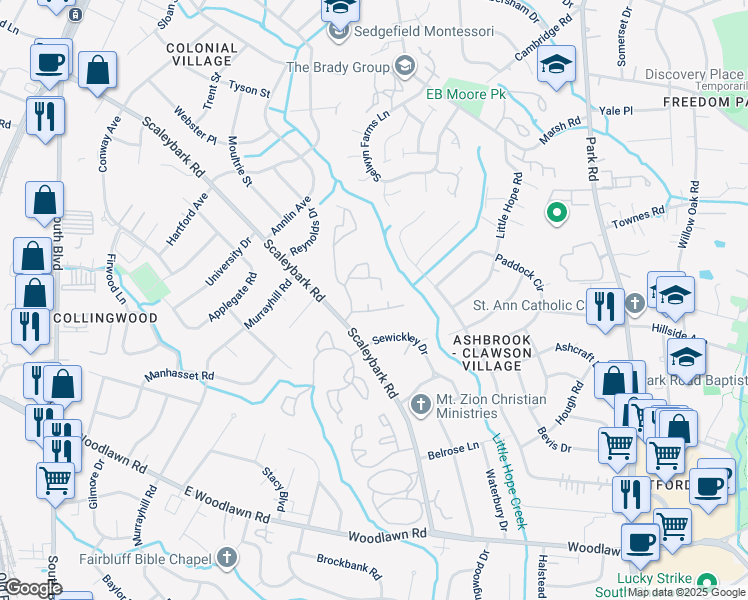 map of restaurants, bars, coffee shops, grocery stores, and more near 4020 Constable Court in Charlotte