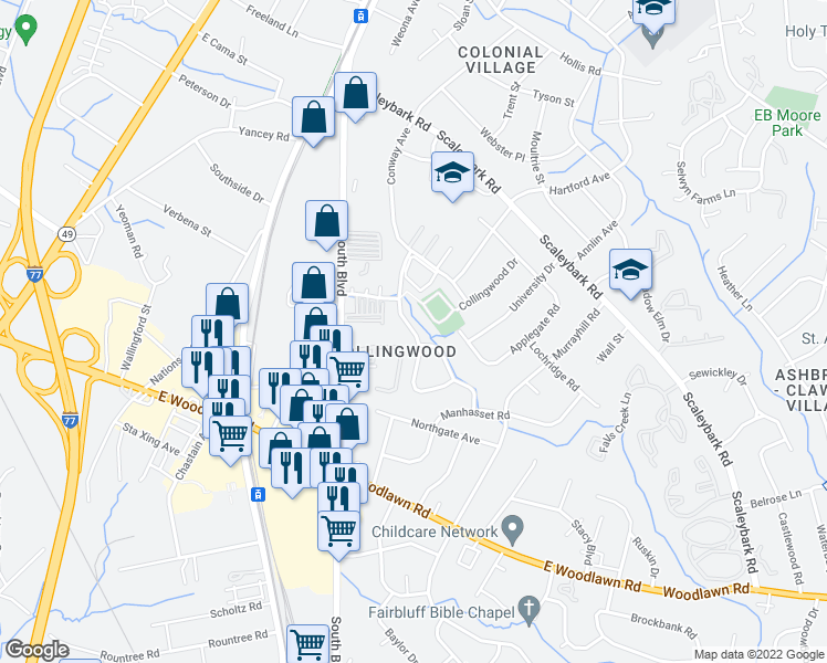 map of restaurants, bars, coffee shops, grocery stores, and more near 4228 Firwood Lane in Charlotte