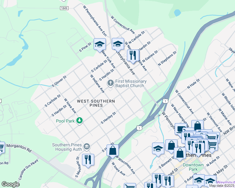 map of restaurants, bars, coffee shops, grocery stores, and more near 310 South Stephens Street in Southern Pines