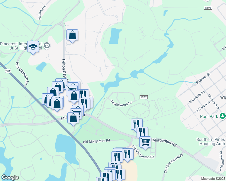 map of restaurants, bars, coffee shops, grocery stores, and more near 19 Tanglewood Drive in Southern Pines