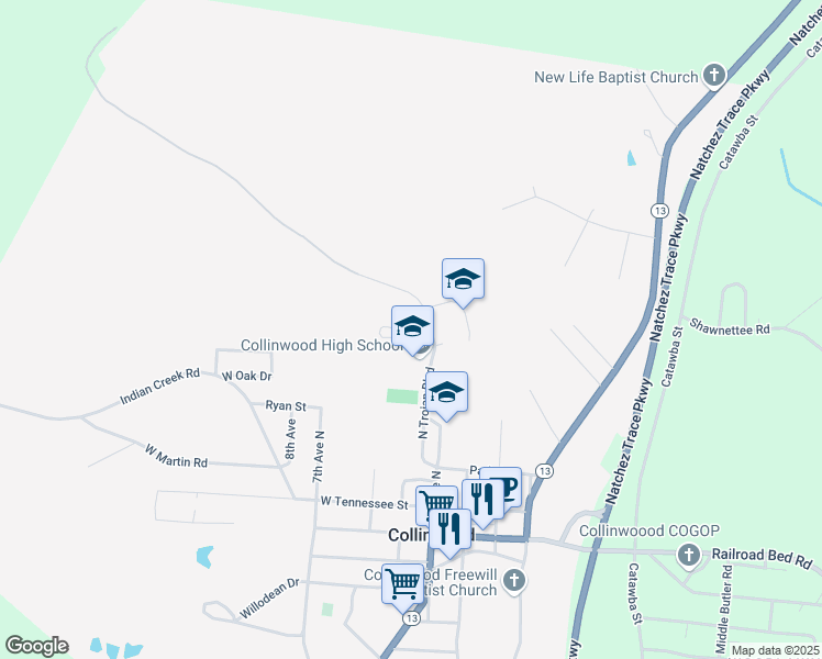 map of restaurants, bars, coffee shops, grocery stores, and more near 401 North Trojan Boulevard in Collinwood