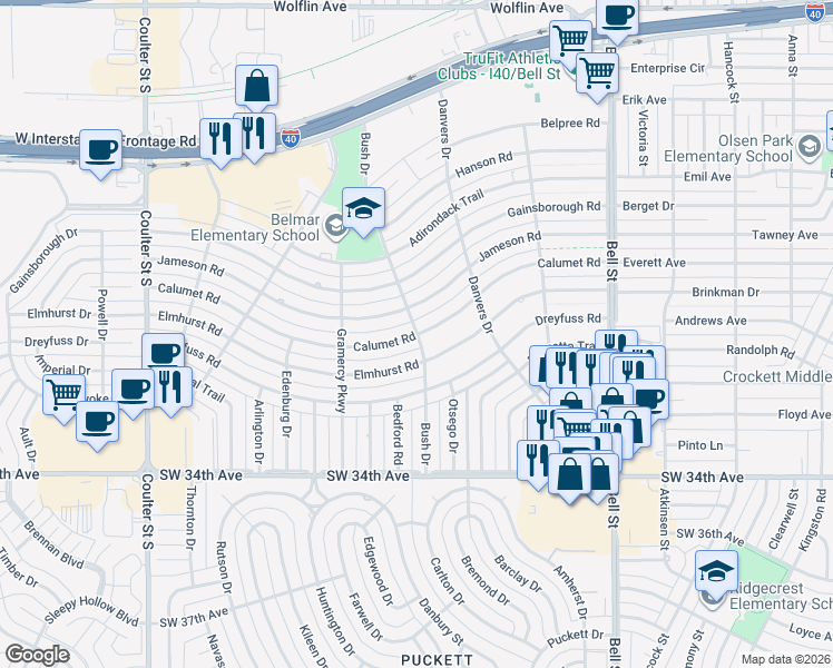 map of restaurants, bars, coffee shops, grocery stores, and more near 2898 Bush Drive in Amarillo