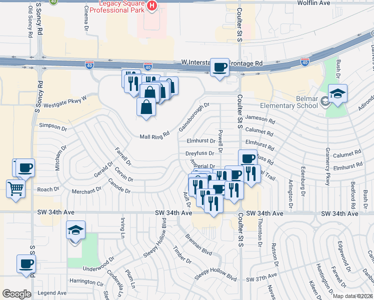 map of restaurants, bars, coffee shops, grocery stores, and more near 7504 Dreyfuss Drive in Amarillo