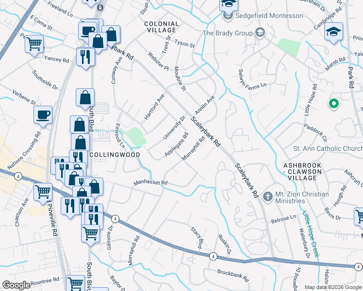 map of restaurants, bars, coffee shops, grocery stores, and more near 4357 Applegate Road in Charlotte
