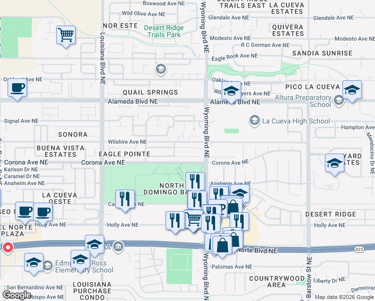 map of restaurants, bars, coffee shops, grocery stores, and more near 7428 Tricia Road Northeast in Albuquerque